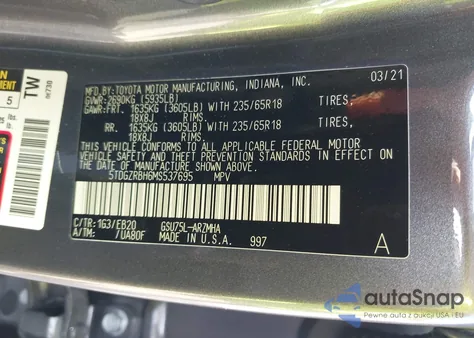 2021 Toyota Highlander Xle из США, поврежденный, VIN 5TDGZRBH6MS537695